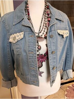Light Wash Denim Jacket with Crochet Trim